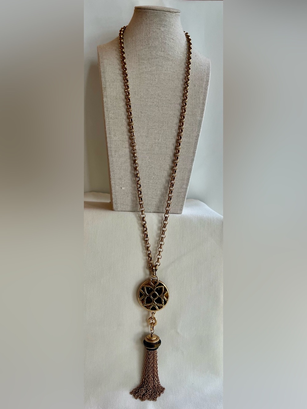 Long Gold Chain Tortoiseshell and Tassel Pendant Necklace